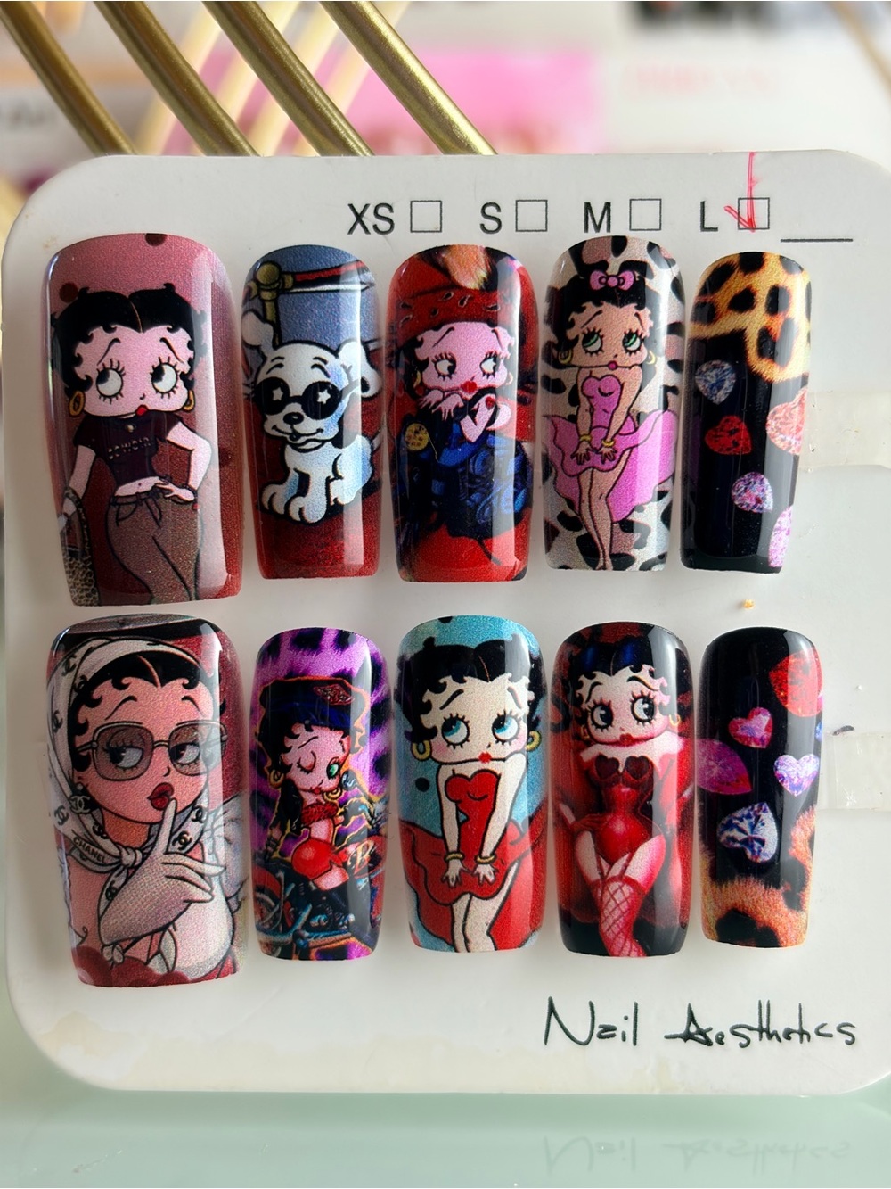 Betty Boop Themed Press-On Nails - Mixed Pink, Red, Black, Leopard Large
